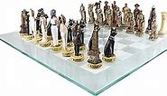 Ebros Gift Historical Themed Chess Set Egyptian Ptolemaic Pharaoh Army VS Augustus Caesar Roman Empire Centurions Resin Sculpted Chess Pieces with Checker Frosted Glass Board Gaming Set