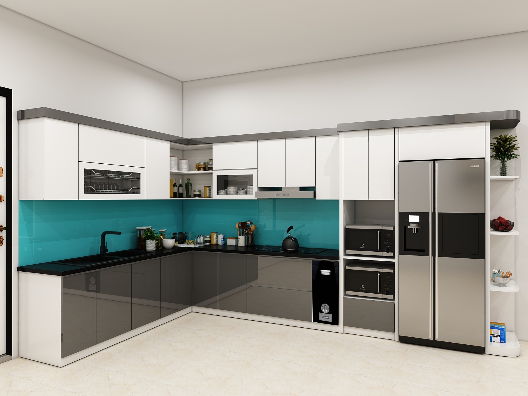 acrylic được ứng dụng làm tủ bếp chữ L thiết kế hiện đại cho căn hộ lớn