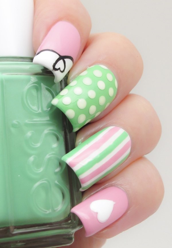 Polka Dots and Stripes pink and green nail designs
