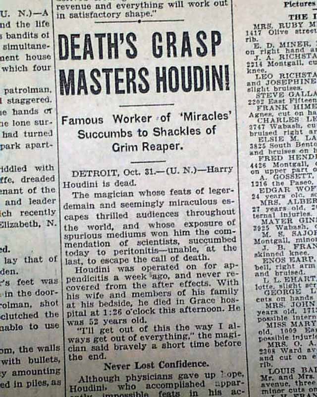 Death of Harry Houdini... - RareNewspapers.com