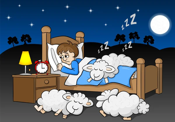 Sheep fall asleep on the bed of a sleepless man — Stock Vector #77361672