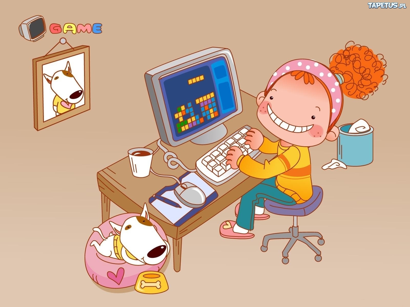 Dziecko, Pies, Komputer, Gra