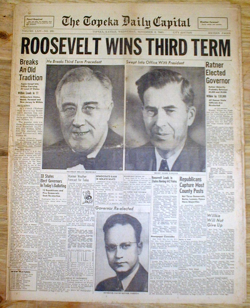Best 1940 headline newspaper FRANKLIN D ROOSEVELT ELECTED PRESIDENT for 3rd TERM | eBay