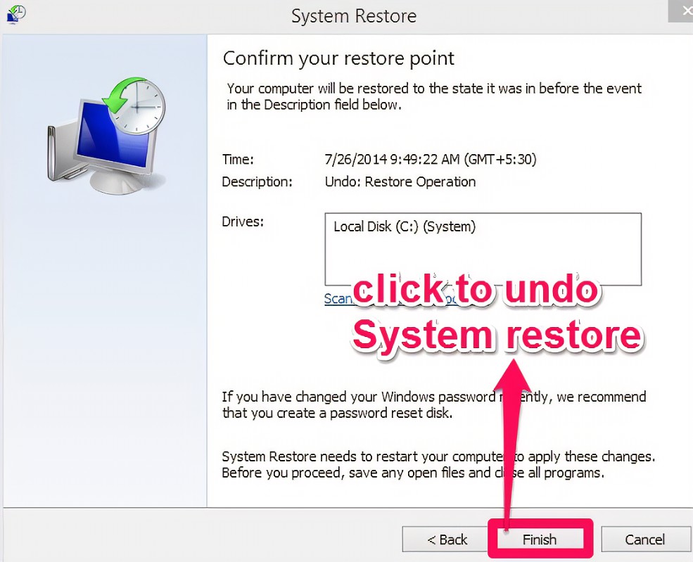 how to undo last system restore In windows 8