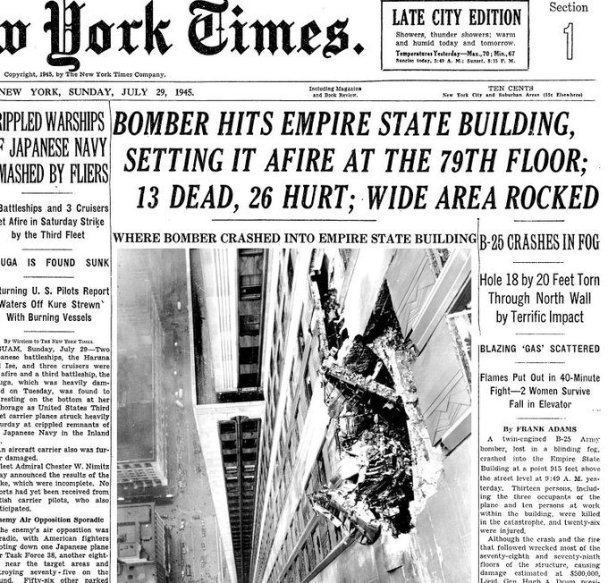 A b-25 bomber crashes into the empire state building on the morning of july 28, 1945. photograph ...