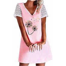 Odeerbi Dresses For Women 2024 Casual Dresses Erogenous Floral Print Short Sleeve Floral Print V-Neck Dress Pink