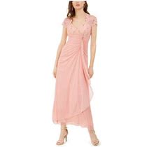 B&A BY Betsy & Adam Womens Pink Stretch Embellished Zippered Ruched Side Ruffle Open Back Short Sleeve Surplice Neckline Maxi Formal Gown Dress Petite