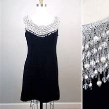 90S Glam Fringe Embellished Mini Dress // Vintage Fringe Pearl Beaded Little Black Short Party Dress // Mod Go-Go Dress