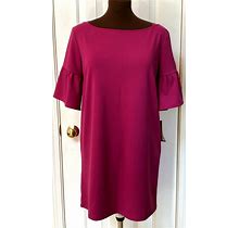 Shift Jersey Dress L Solid Magenta Pink Bell Sleeve Boat Neck Poly Blend NWT