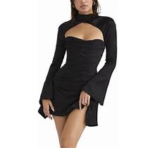 Aturustex Women Slim Dress Long Sleeve Ruched Spaghetti Sexy Halter Corset Dress Backless Strap Mini Bodycon Dress
