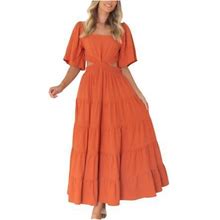 Ussuma Maxi Sundress For Women Beach Vacation Long Smocked Flowy Tiered Swing Summer Dresses For Women Party Trendy Ruffle Sleeve Square Neck Sun Dres
