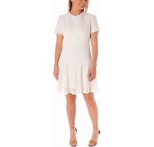Maison Tara Women's Boucle Lace-Trim Short-Sleeve Dress - Ivory - Size 10