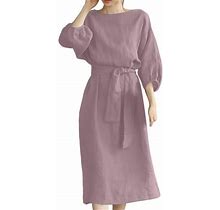 Daeful Women Midi Dress Cotton Linen Boho Dresses Tie Waist Summer Solid Color Flowy 3/4 Sleeve Pink XS