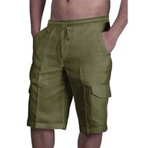 Hcgsss Men's Casual Slash Pockets Drawstring Elastic Waist Cotton Linen Shorts