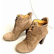 Nine West CHECKIT Ankle Boot 8 m Tan Lace Up Leather Round Toe Block Heel