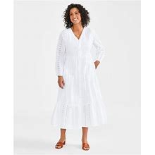 Style & Co Women's Cotton Eyelet Tiered Midi Dress, Created For Macy's - Bright White - Size XL