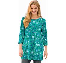 Plus Size Women's Perfect Printed Three-Quarter-Sleeve Scoopneck Tunic By Woman Within In Pretty Jade Jacquard Floral (Size S)