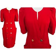 80S Signal Red Parisian Wiggle Power Dress, Ribbed Cotton Secretary Career V-Neck Puff Sleeve Golden Buttons Day Sheath Double Breast Dress