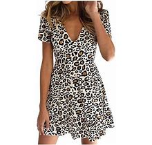 Honhuzh Womens Clearance Summer Dresses, Leopard Print Mini Dress Wrap Dress Clubwear Party Dress