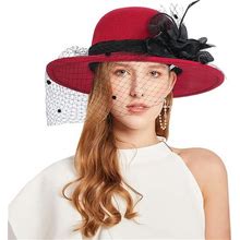 Women Wide Brim Bowler Hat Vintage Floral Wool Felt Fedora Floppy Elegant Fascinator Hat With Veil Lady Church Party Bucket