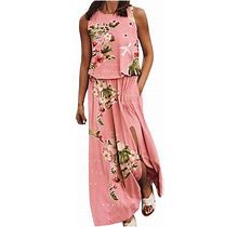 Oavqhlg3b Women's Fashion Sexy Sleeveless Floral Printed Patchwork Loose Round Neck Ladies Vest Long Dress