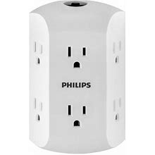 Philips 6 Outlet Grounded Wall Tap, Resettable Circuit Breaker, White, Sps1460wa/37