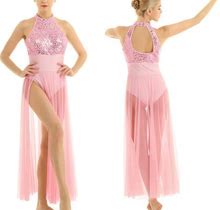 Women's Lyrical Asymmetrical Sequined Mesh Split Dress Ballroom Dance