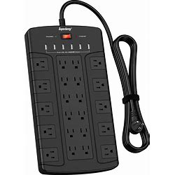 SUPERDANNY Surge Protector Power Strip With 22 Outlets & 6 USB 6.5ft Extension Cord 1050J Flat Plug Power Cord For Home Office Dorm Workshop Black