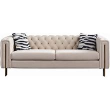 Square Arm Velvet 3-Seat Sofa With Pillows - Cream