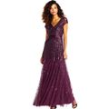 Adrianna Papell Women's Long Beaded V-Neck Dress With Cap Sleeves And Waistband