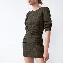 Zara Dresses | Zara- Plaid Olive Green Ruched Dress (New Without Tags) | Color: Green | Size: Xs