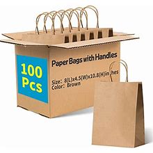Paper Bags 8 4.5 10.8Inches,100 Pcs,Brown Paper Bags With Handle,Brown Kraft Paper Bags,Brown Gift Bag Bulk,Brown Bags