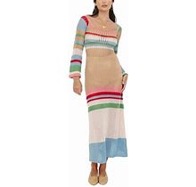 Wybzd Women Crochet Knit Long Dress Patchwork Hollow Out Maxi Dress Striped Cover Up Summer Beach Dresses Apricot XXL