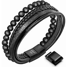 Speroto New Mens Bracelet Bead And Leather Braided, Lava And Onyx Bead Leather Bracelet For Men
