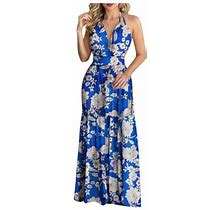 Womens Dress Backless Maxi Dress Sleeveless Beach Dress Tropical Print Halter Blue Dress S