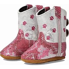Old West Kids Boots Pink Paw (Infant) Girl's Shoes Pink Silver Snake Print Foot/White Shaft : 1 Infant M