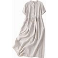 Summer Dress For Women Vintage Cotton Linen Dresses Short Sleeve Round Neck Button Down Pleated Flowy Midi Sun Dress