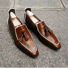 Men Handmade Brown Leather Loafer Shoes With Tassels, Tassel Leather