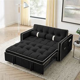 3 in 1 Sleeper Sofa Couch Bed, Small Tufted Velvet Convertible Loveseat Futon Sofa W/Pullout Bed, Adjustable Backrest, Cylinder Pillows,