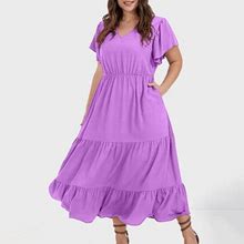 Holiday Deals 2023! Loopsun Womens Summer Dresses, Casual V-Neck Short Sleeve Solid Plus Size Midi Dress With Pockets Purple