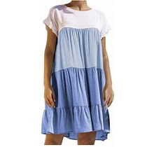 Yubnlvae Dresses For Women, Women's Round Neck Short Sleeve Color Matching Loose Dress - Blue L