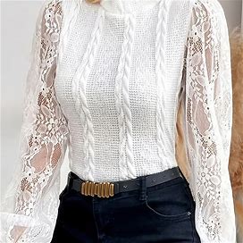 Solid Color Contrast Lace High Neck Blouse, Women's Mock Neck Blouse Casual Spring Fall Women's Clothing Long Sleeve Blouse,White,All-New,Temu