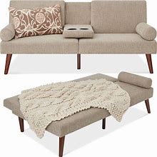 Best Choice Products Mid-Century Modern Upholstered Futon, Convertible Folding Sofa Bed, Small Couch W/Rounded Armrests, 2 Cupholders - Sand