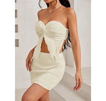 Women's Textured Front Twist Strapless Top And Skirt Set, Great For Outdoor Dating, Summer,Petite S