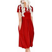 Uppada Women's Casual Midi Dress Smocked Crewneck Summer Dresses Short Sleeve Solid Daily Sundress Waisted Knee Length Shirts Clothing