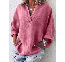 Women's Shirt Blouse Linen Cotton V Neck Casual Plain Pockets Long Sleeve Blouse Rose/L