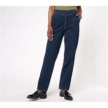 Denim & Co. Pull On Front V-Yoke Petite Jeanswith Pockets, Size Petite XX-Small, Dk Indigo Denim