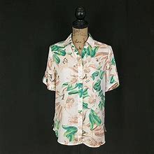Chico's Tops | Chicos Womens 1 Us 8 Top White Floral Hawaiian Button Up Short Sleeve Collared | Color: Green/White | Size: 8