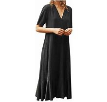 Yeahitch Women Casual Summer Short Short Sleeve Long Midi Dresses Solid Linen V Neck Beach Dresses Black 5XL