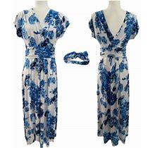 Iman Maxi Dress Smocked Waist W/ Head Wrap 16-18 Petite Xl Blue Floral